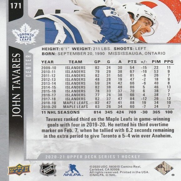 John Tavares - 2020/2021 Upper Deck Series 1 Hockey Card - Picture 2 of 2